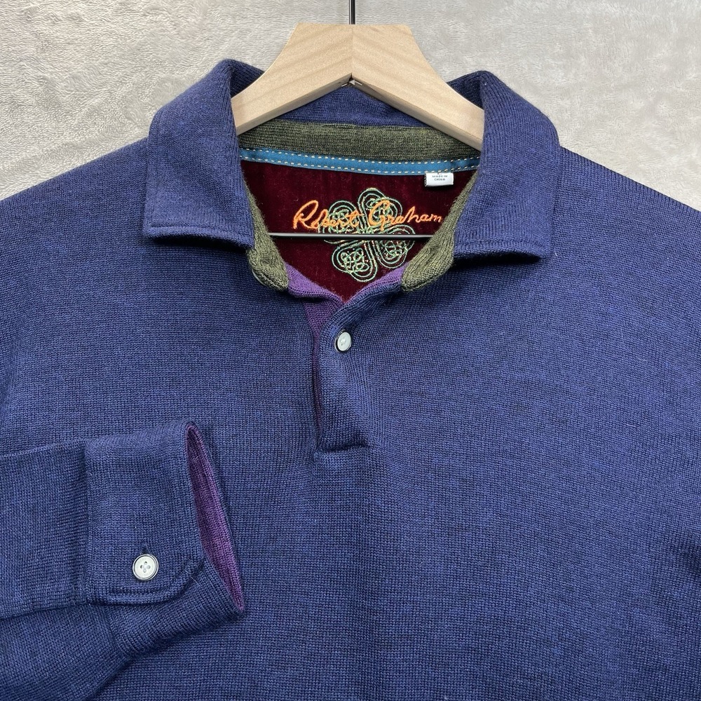 Robert Graham Polo Sweater Men's Size‎ Wool L Heather Navy Blue Knit